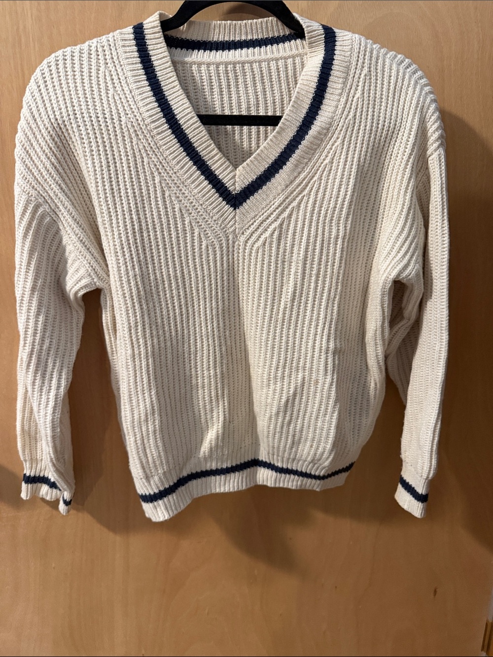 Cream V-Neck Ribbed Sweater with Navy Trim - Men